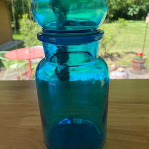 vintage blue glass apocarthy jar w round glass lid 1970s collectible glass mcm blue glass jar retro kitchen