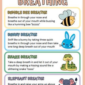 Puede incluir: Un gráfico colorido con instrucciones para cuatro ejercicios de respiración diferentes, cada uno ilustrado con un animal de dibujos animados: una abeja, un conejo, una serpiente y un elefante. El texto incluye los nombres de los ejercicios, como "Bumble Bee Breaths" y "Bunny Breaths", e instrucciones sobre cómo realizar cada ejercicio.