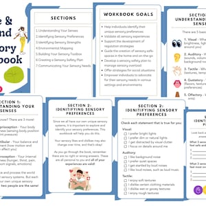 May include: A colorful workbook with the title "Safe & Sound Sensory Workbook" and sections on understanding your senses, identifying sensory preferences, and creating a sensory safety plan.