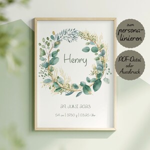 Personalisiertes Poster - Blumenkranz mit Namen - Geschenk für Kinder zur Geburt oder zum Geburtstag, Wandbild/Deko für Kinder-/Spielzimmer