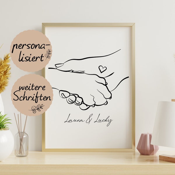 Personalisiertes Poster - Hand und Pfote - Geschenk für Freunde und Bekannte mit Haustieren oder für Tierliebhaber