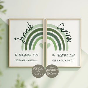 Personalisierte Geschwisterposter mit Regenbogen in grün und Namen - Geschenk für Eltern zur Geburt, Wandbild für Wohn-/Kinder-/Spielzimmer
