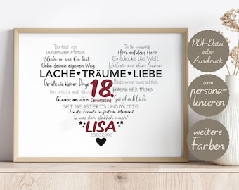 May include: A printable 18th birthday poster with a word cloud of inspirational messages in maroon text on a white background. The poster features the name "LISA" and the date "25.03.2006".