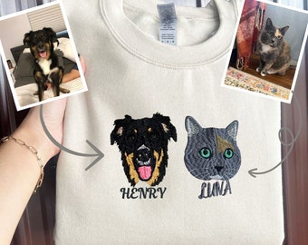 Custom Embroidered Pet Sweatshirt, Personalized with Your Pet’s Photo, Dog Cat Face or Name Embroidery for Pet Lovers Sweatshirt Hoodie Tee