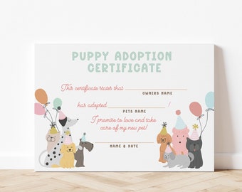 Puppy Birthday Party Adoption Certificate Template Dog Theme Birthday Editable Digital Download Canva Template