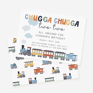Könnte beinhalten: Eine zum Thema Zug gestaltete Geburtstagseinladung mit bunten Zügen und dem Text "CHUGGA CHUGGA two two" und "ALL ABOARD FOR CONNOR'S BIRTHDAY". Die Einladung enthält das Datum, die Uhrzeit und den Ort der Party.