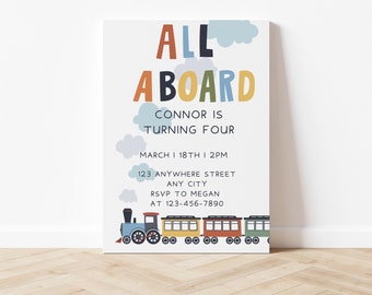 Modern Train Birthday Invitation: Editable Canva Template | All Aboard for a Party! Ideal for Train Themed Birthdays, Easy Customization