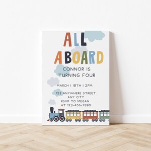 Modern Train Birthday Invitation: Editable Canva Template | All Aboard for a Party! Ideal for Train Themed Birthdays, Easy Customization