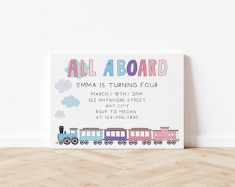 All Aboard, Pink, Purple and Blue, Editable Train Birthday Invitation, Modern Train Invitation, Canva, Party Editable, Landscape