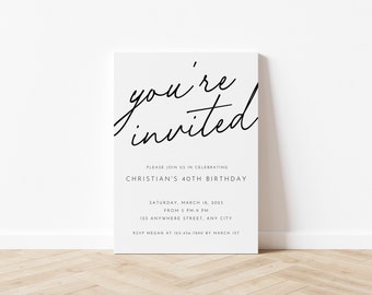 You're Invited Invitation Online Editable Template, Surprise Birthday Party Invites, Anniversary Invites, Black White Invite for Him