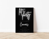 Let's Party Neon Invitation Online Editable Template, Surprise Birthday Party Invites, Anniversary Invites, Black White Invite for Him