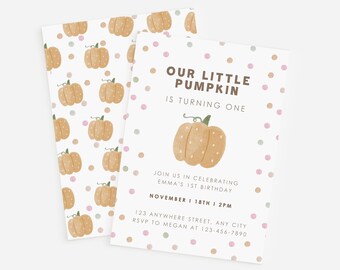 Our Little Pumpkin, First Birthday, One Pumpkin Birthday Invitation, Fall Birthday Invitation, Pumpkin Patch, Editable Birthday Invitation