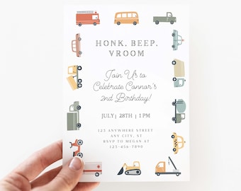 Honk beep vroom transportation party invitation - kid's birthday party invite - editable & printable template - version 1