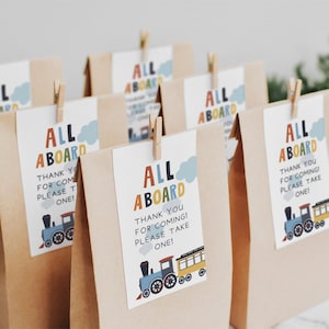 Editable train favor tags - modern birthday party decor - all aboard train tags for kids birthday celebration