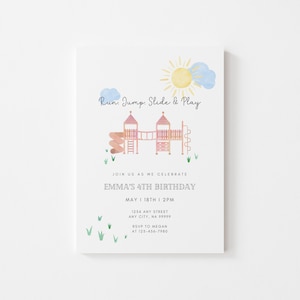 May include: A colorful invitation for a child's birthday party. The invitation features a watercolor illustration of a playground with a slide, a climbing frame, and a sun. The text on the invitation reads "Run. Jump. Slide & Play" and "Emma's 4th Birthday".