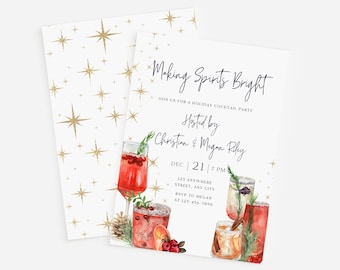 Könnte beinhalten: Einladung zu einer festlichen Cocktailparty, die von Christian & Megan Riley am 21. Dezember um 19:00 Uhr ausgerichtet wird. Die Einladung zeigt eine Aquarell-Illustration von festlichen Cocktails vor einem Hintergrund mit goldenen Sternen.