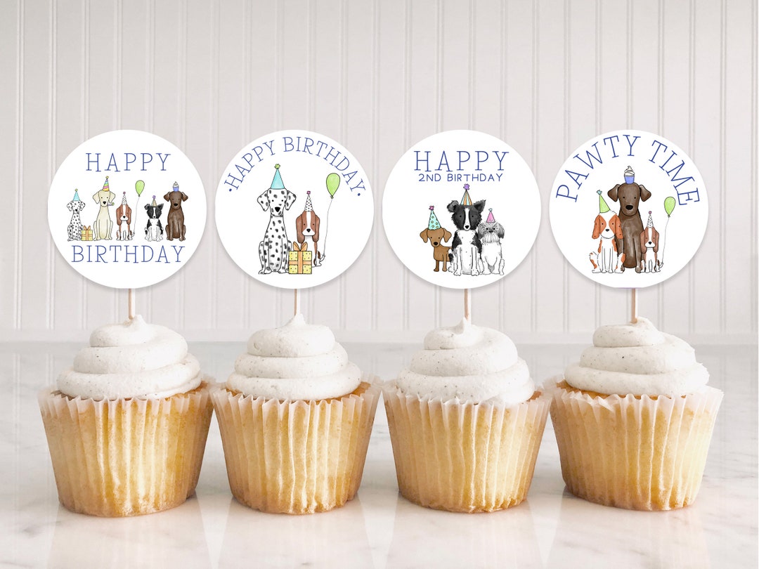 Editable Dog Birthday Cupcake Toppers, Puppy Pawty Toppers, Dog Birthday Cupcake Toppers, Canva ...