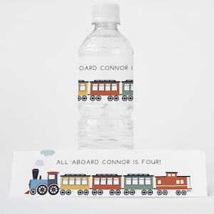 All Aboard, Editable Train Birthday Water bottle label, Modern Train Invitation, Canva, Party Editable