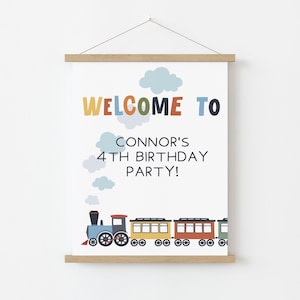 All aboard welcome sign, train theme birthday welcome sign, editable welcome sign, canva editable template