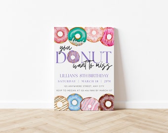 Donut Birthday Invitation, Donut Party, You Donut want to miss, Girl Donut Invite, Donut Invitation Template, Canva Birthday Invitation