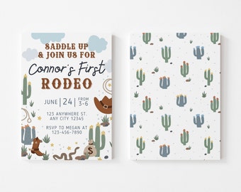 Editable My First Rodeo Invitation, Cowboy Invite, Modern Wild West Party, Saddle Up & Join Us, Canva Template Printable Download