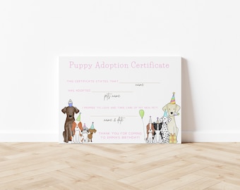 Puppy Adoption Certificate Template - Pink Puppy Party Editable Canva Design