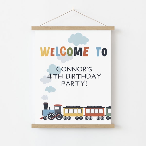 All Aboard Welcome Sign, Train Theme Birthday Welcome Sign, Editable Welcome Sign, Canva Editable Template