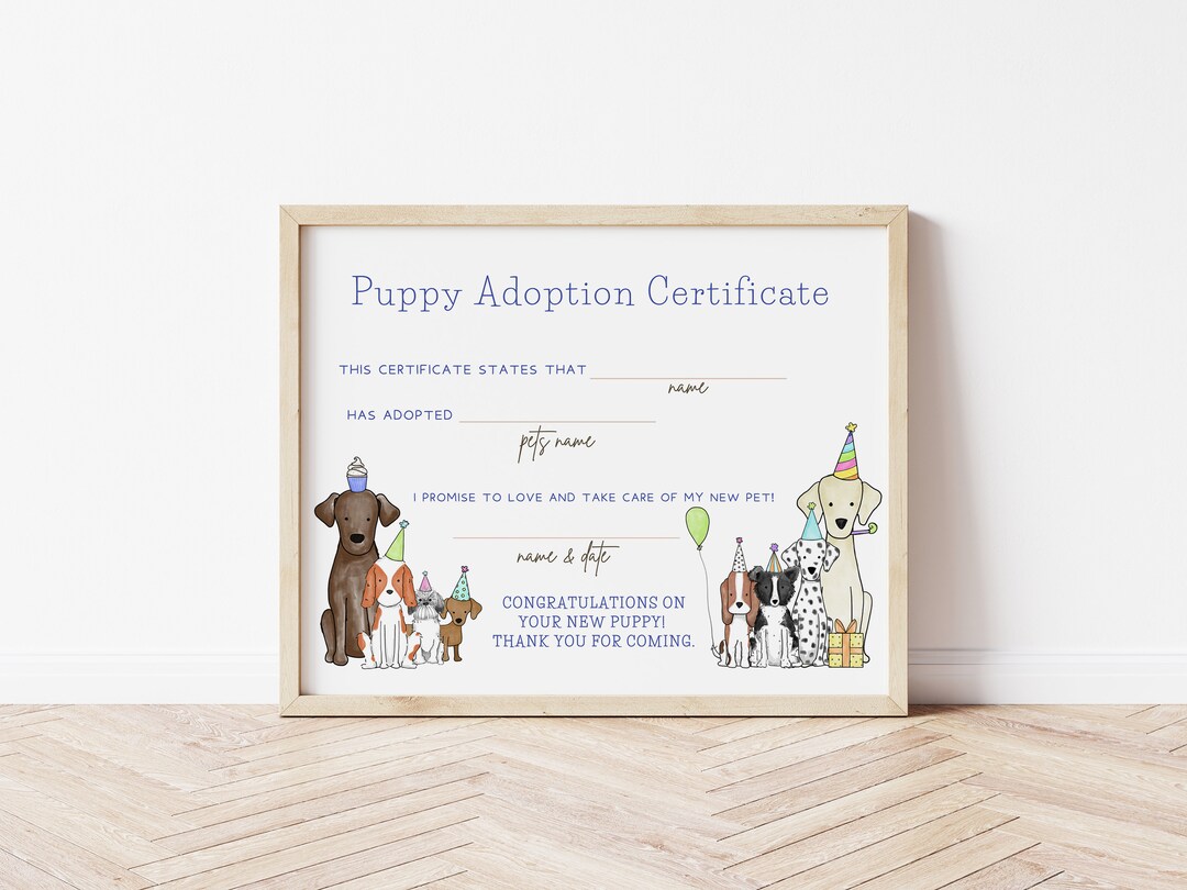 Blue Puppy Certificate of Adoption - Adopt A Puppy Template -editable ...