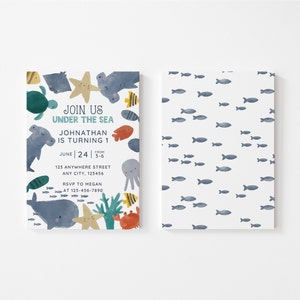 Under the Sea Birthday, Beach themed Invitation, Surfs Up, Ocean Colors, Sea Creatures, Ocean Themed Party, Hammerhead Shark, Canva Template