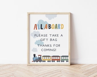 Letrero "Todos a bordo", letrero de bienvenida de cumpleaños con temática de tren, letrero editable de 8,5 x 11 pulgadas, plantilla editable de Canva