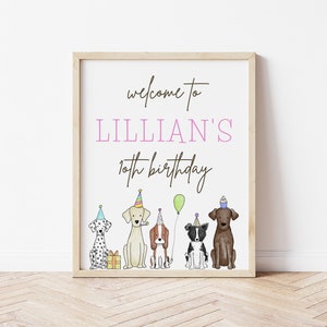 May include: Welcome to Lillian's 10th birthday party sign with a white background and five dogs wearing party hats. The dogs are a dalmatian, a golden retriever, a brown and white dog, a black and white border collie, and a brown labrador.