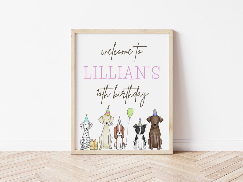 May include: Welcome to Lillian's 10th birthday party sign with a white background and five dogs wearing party hats. The dogs are a dalmatian, a golden retriever, a brown and white dog, a black and white border collie, and a brown labrador.