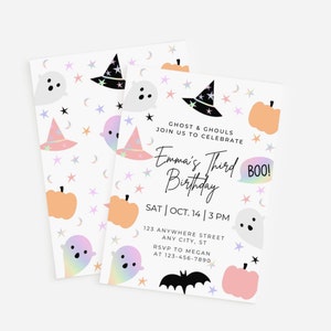 Editable Pink Halloween Birthday Invitation, Holographic Pastel Halloween Party, Spooktacular, Witch, Pumpkins, Spooky Birthday, Canva