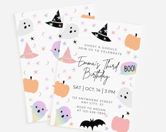 Editable Pink Halloween Birthday Invitation, Holographic Pastel Halloween Party, Spooktacular, Witch, Pumpkins, Spooky Birthday, Canva