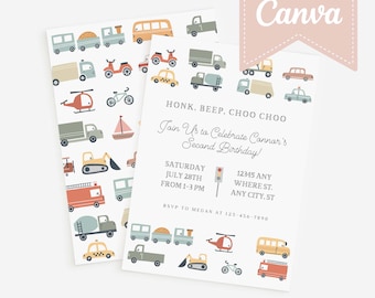 May include: A colorful invitation with a transportation theme. The invitation features a variety of vehicles, including cars, trucks, helicopters, and a sailboat. The text on the invitation reads "HONK. BEEP. CHOO CHOO Join Us to Celebrate Cannar's Second Birthday!"  The invitation also includes the date, time, and location of the party.