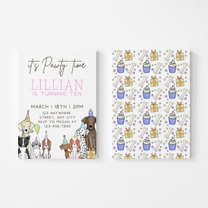 May include: A birthday party invitation with a paw print design. The invitation is for Lillian's 10th birthday party. The invitation features a group of dogs wearing party hats and holding balloons. The text on the invitation reads "it's Pawty time Lillian is turning ten March 18th 2pm 123 Anywhere Street, Any City RSVP to Megan at 123-456-7890". The background of the invitation is a white and light blue pattern with cupcakes, bones, and presents.