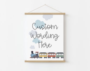 Letrero "Todos a bordo", letrero de bienvenida de cumpleaños con temática de tren, letrero editable de 8 x 10, plantilla editable de Canva