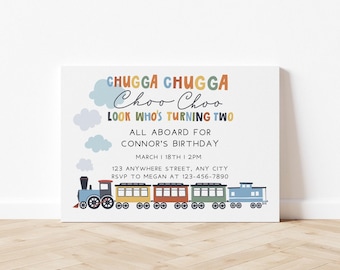 Chugga chugga choo choo look who's turning two, modern train invitation, chugga chugga two two train birthday, two two train party invite