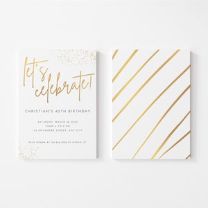 Modèle modifiable d'invitation or Célébrons la fête, invitations à une fête d'anniversaire surprise, moderne, invitations d'anniversaire, invitation d'anniversaire pour lui