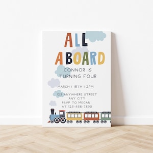Modern train birthday invitation: editable canva template | all aboard for a party! ideal for train themed birthdays, easy customization