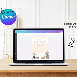 May include: A laptop screen displaying a Canva design template for a birthday party invitation. The invitation features a cartoon illustration of dogs wearing party hats and the text "It's Party Time Sam is turning ten March 18th at 2PM Let's celebrate at 123 Anywhere St. RSVP to 123-456-7890 See you there!"