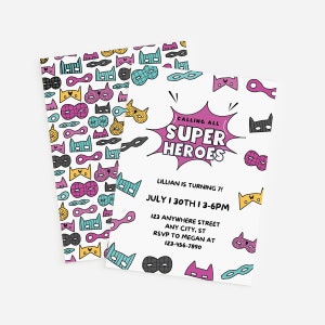 Modelo de convite de aniversário rosa de super-heróis editável - Convite de festa de aniversário para impressão Modelo de convite para festa infantil Cartão de aniversário de super-herói
