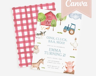 Farm Birthday Invitation Editable Template - Barn Farm Animals Digital Invitation Template - Modern Farm  Birthday Party cards