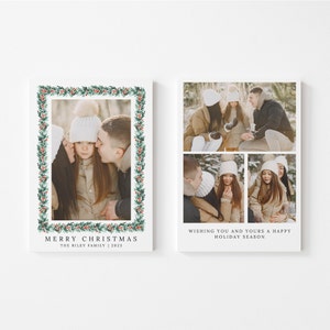 Modèle personnalisé de cartes photo de vacances avec guirlande et houx, téléchargement modifiable et imprimable pour toile, cartes de Noël imprimables