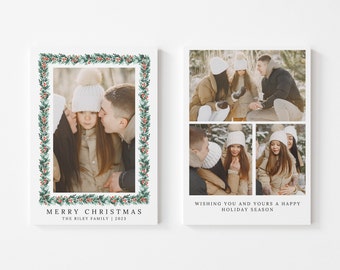 Personalized Holiday Photo Cards Template with Garland and Holly, Editable & Printable Download for Canva, Printable Christmas Cards