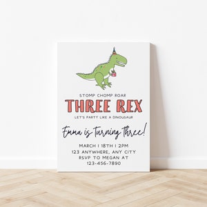 Three Rex Dinosaur Birthday Invitation Girl Dinosaur Birthday T-rex Jurassic Pink Three Rex dinosaur party Canva Editable Template
