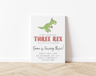 Three Rex Dinosaur Birthday Invitation Girl Dinosaur Birthday T-rex Jurassic Pink Three Rex dinosaur party Canva Editable Template