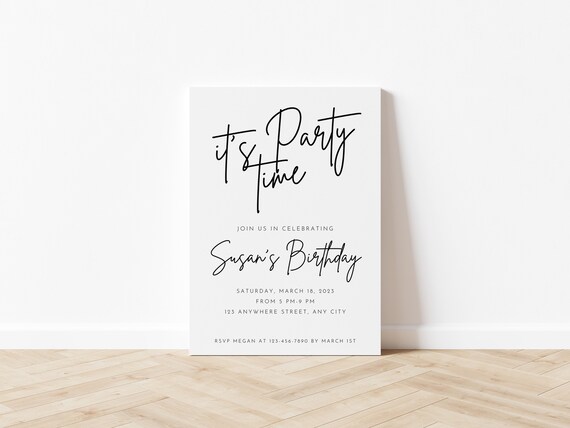 It's Party Time Invitation Online Editable Template, Surprise Birthday Party Invites, Anniversary Invites, Black White Invite for Him