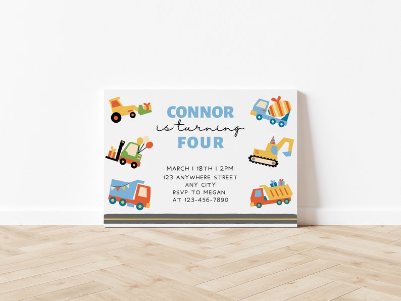 Editable Construction Invitation, Dump Truck, Construction Trucks Birthday Invitation, Construction Vehicles Birthday,Landscape, Canva image 1