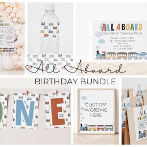 All Aboard Train Birthday Bundle Set - Editable Train Birthday Invitation - Modern Train Invitation - Canva - Party Editable - Decorations